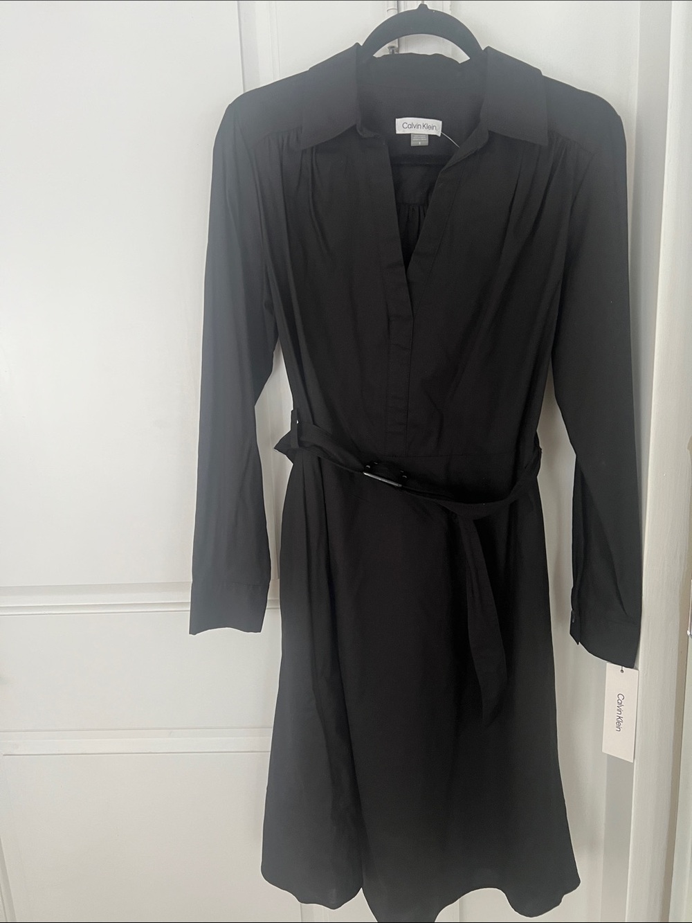 Calvin Klein dark Black flattering lightweight Long-Sleeve Shirt Dress&belt NWT
